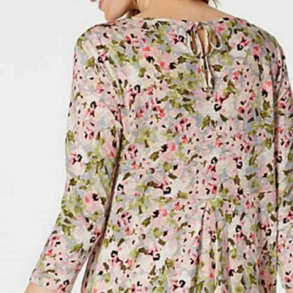 J. Jill Love Linen Springtime Floral Keyhole Tie Back Tunic Blouse Top Large - Picture 2 of 6